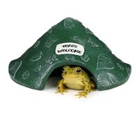 wkao Crapaud pour jardin extérieur, cachette de reptile en résine, grotte verte avec verdure décorative et panneau de bienvenue, cachette de tortue de crapaud, 20,6 x 18,5 x 13 cm