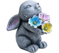 wkao Figurine en résine imperméable, lapin gris tenant une fleur solaire, 18,8 x 10,2 x 19,3 cm, joli lapin décoration de jardin, décoration d'animal d'extérieur pour terrasse, balcon, cour, cadeau de