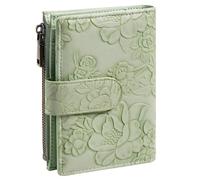wkao Portefeuille à trois volets en cuir synthétique vert clair gaufré pour femme, sac à main court avec blocage RFID avec emplacements pour cartes, poche pour pièces de monnaie, fermeture à boucle
