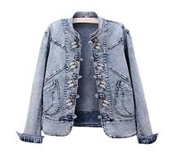 wkd-thvb Veste en jean stretch brodée de printemps pour femme - Grande taille, bleu clair, 4XL