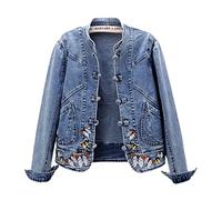 wkd-thvb Veste en jean stretch brodée de printemps pour femme - Grande taille, bleu moyen, 4XL