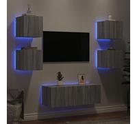 WKIEQACO Centres de divertissement et supports TV, 6 unités murales TV avec LED gris Sonoma en bois d'ingénierie