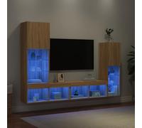 WKIEQACO Lot de 4 unités murales TV avec LED en chêne sonoma et meubles TV