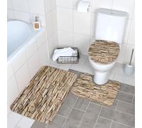 WKSGDSG Lot de 3 tapis de salle de bain en peluche antidérapant avec tapis de toilette en forme de U et couvercle en forme de O, tapis mural rustique en brique et roches 40 x 60 cm, tapis de sol