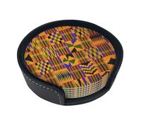 WKSGDSG Lot de 6 dessous de verre ronds en cuir synthétique résistant à la chaleur, tapis antidérapants pour table et bureau, tissage africain, ensemble de sous-verres ronds pour la maison, le bureau