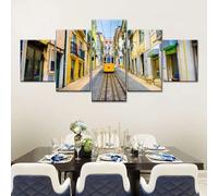 WKXTECZT Toile Decoration Murale Toile Peinture Grand Format Impression Sur Toile 5 Parties Tramway de Lisbonne Tableau Decoration Murale Tableaux Decoratifs Muraux Salon Avec Cadre