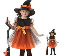 Wlabe Déguisement Halloween Fille Lumineux Costume Sorcière Enfant Robe+Chapeau MagiqueCosplay (2-15 Ans)