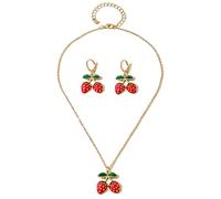 Wlahm Parure de bijoux en forme de fraise mignonne pour femme, accessoires de bijoux avec pendentif fraise 3D, boucles d'oreilles pendantes imitation fraise et colliers à pendentif réglables, Large