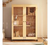 WLCNYL Cage pour Chat à 3 Niveaux, Parc en Bois pour Chat, enclos pour Chat, avec éclairage, Verre trempé, Respirant, Couleur Bois Originale, avec Plateformes, pour Chatons et Petits Animaux (90 x