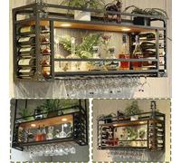 WLCNYL Étagère à vin Murale de Style Industriel Vintage avec Porte-Verres et éclairage LED à 2 Niveaux, idéale pour la décoration de la Maison et du Restaurant.