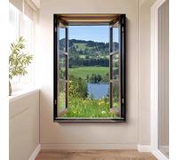 WLH Alexanders Décoration murale avec vue sur la fenêtre, ciel, chaîne de montagnes, forêt, prairie, nature sauvage, paysage rustique coloré decoration murale(Color2,70 * 100cm)