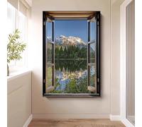 WLH Alexanders Décoration murale avec vue sur la fenêtre, ciel, chaîne de montagnes, forêt, prairie, nature sauvage, paysage rustique coloré decoration murale(Color5,80 * 120cm)