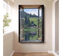 WLH Alexanders Décoration murale avec vue sur la fenêtre, ciel, chaîne de montagnes, forêt, prairie, nature sauvage, paysage rustique coloré decoration murale(Color1,80 * 120cm)