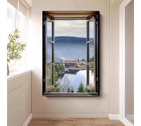 WLH Alexanders Décoration murale avec vue sur la fenêtre, ciel, chaîne de montagnes, forêt, prairie, nature sauvage, paysage rustique coloré decoration murale(Color4,50 * 70cm)