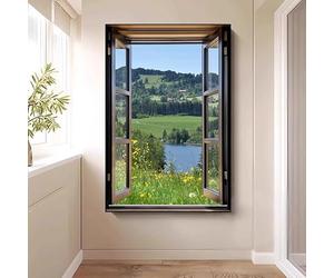 WLH Alexanders Décoration murale avec vue sur la fenêtre, ciel, chaîne de montagnes, forêt, prairie, nature sauvage, paysage rustique coloré decoration murale(Color2,70 * 100cm)