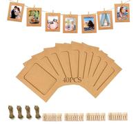 WLHFDC Lot de 40 guirlandes photo 10 x 15 cm - Cadre photo en papier avec pinces en bois - Petite corde de chanvre - Décoration murale pour la maison, le bureau, l'école, le mur photo, les fêtes