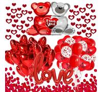 Wlicon Kit de ballons d'amour rouges : 1097 pièces - Ballons en aluminium et latex en forme de cœur, pétales de rose, pendentifs cœurs et rubans - Saint-Valentin, mariage, célébrations romantiques