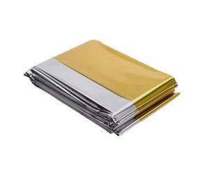 Wlinfetity Couverture thermique multifonction pour camping, imperméable et coupe-vent, couverture de survie d'urgence avec rétention de chaleur, 130 x 210 cm, argent + or