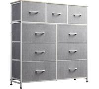 WLIVE Commode 9 tiroirs gris clair,Tour rangement en tissu et acier,Idéale chambre, couloir ou placard. Plateau bois, montage