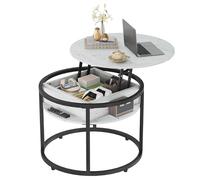WLIVE Table Basse Bureau Transformable avec Rangement Secret, Plateau Circulaire et Espaces de Rangement Ouverts, Mécanisme d'Ouverture Manuel, Design Confortable pour Animaux, Coloris Blanc Pur