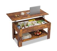 WLIVE Table Basse Relevable, Table Basse Rectangulaire avec Étagères De Rangement Cachées, Mécanisme de Levage Silencieux, Plateau en Panneaux de Fibres Density, pour Salon Bureau, Marron
