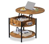 WLIVE Table Basse Rond Relevable 3 Étagères - Plateau Levant avec Mécanisme Doux et Silencieux, Compartiment Secret - 68x68x49 cm, 50 kg, Chêne Rustique