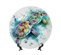 WLKSNBVD Assiette décorative en porcelaine anglaise de 17,8 cm, deux tortues aquarelles avec support de présentation, assiettes en porcelaine pour décoration murale de maison, bureau, collection