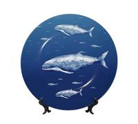 WLKSNBVD Assiette décorative en porcelaine anglaise de 17,8 cm, petite baleine bleue nageant avec présentoir, ornements en céramique pour la maison, le bureau, la décoration murale, les collections