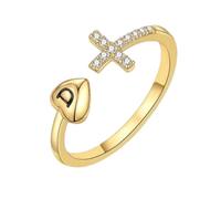 WLLDDDIU Bague Ajustable en Argent Sterling 925 avec Initiales pour Femme, Plaquée Or 14 Carats, Croix et Oxyde de Zirconium, Empilable, Alphabet, Cercle de Doigt, Amulette, Bijoux, Cadeaux pour El