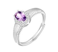 WLLDDDIU Bague de Fiançailles en Argent avec Pierre de Naissance Naturelle Ovale pour Femme, Solitaire, Halo, Alliance Vintage Brossée, Ajustable, Promesse D'Éternité pour Elle, Améthyste