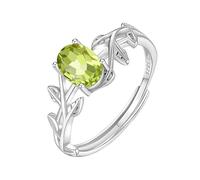 WLLDDDIU Bague de Fiançailles Solitaire en Pierre Précieuse Naturelle Taille Ovale pour Femme, en Argent Sterling 925, Ajustable, en Forme de Feuille, pour Mariage, Cadeau de Bijoux, Péridot