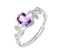 WLLDDDIU Bague de Fiançailles Solitaire en Pierre Précieuse Naturelle Taille Ovale pour Femme, en Argent Sterling 925, Ajustable, avec Feuille et Améthyste.