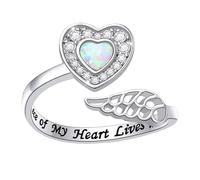 WLLDDDIU Bague en Argent Sterling 925 avec Opale, Motif Cœur et Zircon Cubique, Ajustable et Empilable, Ornée D'Ailes D'Ange. Un Cadeau Attentionné pour Maman, Grand Mère Ou Épouse.