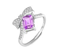 WLLDDDIU Bague en Argent Sterling 925 avec Pierre Précieuse Naturelle Taille Émeraude et Nœud Papillon, Anneau en Forme de Cœur, Solitaire Réglable, Bague de Fiançailles pour Femme, Améthyste