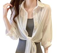 WLLDDDIU Bolero Femme, Cardigans en Mousseline Transparente pour Femmes, Chemisier Élégant Noué sur Le Devant, Hauts Courts À Manches 3/4, Veste Boléro Courte Boutonnée, Couverture de Plage D'