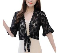 WLLDDDIU Bolero Femme Chic et Elegant, Boléro en Dentelle pour Femme, Cardigan D'Été À Manches 3/4, Noué sur Le Devant, Élégant, Court, en Tricot, Robe Transparente À Fleurs, pour Mariage, S