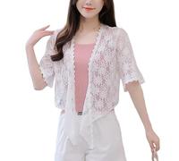 WLLDDDIU Bolero Femme Chic et Elegant, Boléro en Dentelle pour Femme, Cardigan D'Été À Manches 3/4, Noué sur Le Devant, Élégant, Court, en Tricot, Robe Transparente À Fleurs, pour Mariage, S