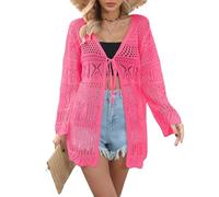WLLDDDIU Bolero Mariage, Cardigan en Crochet Creux pour Femme, Pull Léger À Manches Longues, Élégant, Noué sur Le Devant, Veste Boléro, Vêtement de Plage D'Été, pour Bikini, Rose, Taille L