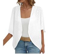 WLLDDDIU Bolero Mariage, Cardigans Courts D'Été pour Femmes, Boléro en Maille Ajourée, Léger, Demi Manches, Ouvert sur Le Devant, Kimono Élégant, Tricot, Hauts pour Robe Décontractée, Blanc