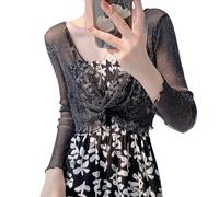 WLLDDDIU Boléros Femme, Boléro À Manches Longues pour Femme, Haut Court Sexy en Maille Croisée Transparente, Manches Décontractées, Châle Léger et Extensible, Basique pour L'Été, Noir M