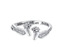 WLLDDDIU Cadeau Attentionné pour Maman, Bague en Argent Sterling 925 avec Empreinte de Pied de Bébé, Bague de Pouce Ajustable et Empilable avec Aile D'Ange, Bijou Commémoratif pour Femme