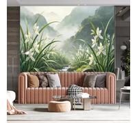 WLLDDDIU Casty Valley Mural Mural Fleuri, 3D Panoramique Autocollant Vinyle Autocollant, Décoration Murale Imperméable Amovible Orientale Zen pour Chambre, Salon de Thé 343X256Cm (135X101Inch)