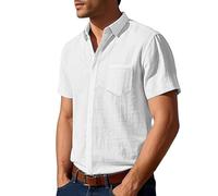 WLLDDDIU Chemise Henley en Lin À Manches Courtes pour Homme, Décontractée, Légère, Boutonnée, Coupe Ample, Couleur Unie, avec Poche, Idéale pour Les Vacances D'Été Ou La Plage, Blanche, 3XL