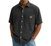 WLLDDDIU Chemise Homme Rayée Rétro en Velours Côtelé, Manches Courtes, Légère, Boutonnée, Coupe Ample, avec Poche Poitrine, Idéale pour L'Été, La Plage et Les Week Ends. Noir, Taille XXL.