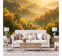 WLLDDDIU Fresque Murale Murale de La Forêt Dorée de Montagnes D’Automne, Fresque de Papier Peint Autocollant Panoramique 3D, Papier Peint Vinyle Paisible Autour Du Lever Du Soleil pour Le Salon,