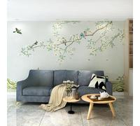 WLLDDDIU Murale Autocollante de Style Chinois, Fleurs de Campagne Vert Clair, Oiseaux, Herbe, Papier Peint Vinyle Texturé, Revêtement Mural À Double Collage pour Chambre Salon 208X146Cm (81X57 Po