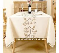 WLLDDDIU Nappes À Pompons Rectangulaires, Boho Kaki Broderie Florale Imitation Coton Lin Nappe Essuyable Imperméable Décoratif Housse de Table pour Café Cuisine Dîner Party 140 * 320Cm