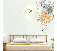 WLLDDDIU Papier Peint Autocollant, Papier Peint Fleur D’Oiseau et Lune dessiné À La Main, Fresque Murale Moderne de Style Chinois, Autocollants Amovibles pour Le Salon, La Chambre Décoration Int