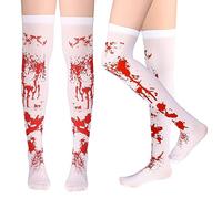 WLLHYF Bas sanglants d'Halloween Cosplay Chaussettes hautes Costume taché de sang blanc et rouge Bonneterie Horreur sur le genou Cuisse Bas longs pour femmes filles Halloween Party Cosplay