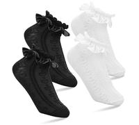 WLLHYF Lot de 2 paires de chaussettes en dentelle à volants pour femme - Coton doux - Blanc, Blanc/noir, Taille unique